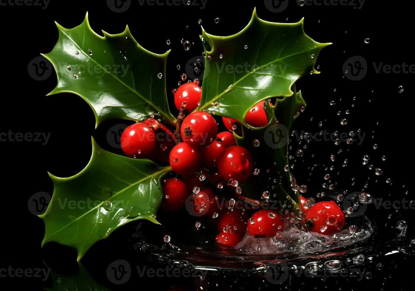 Red holly berries falling isolated on dark background. AI generated photo