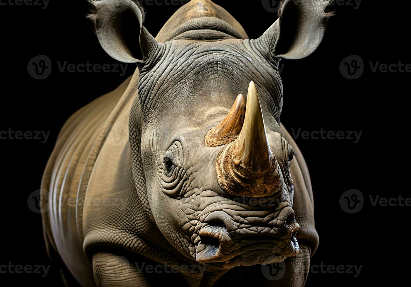 Realistic closeup portrait of a rhino on dark background. AI generated photo