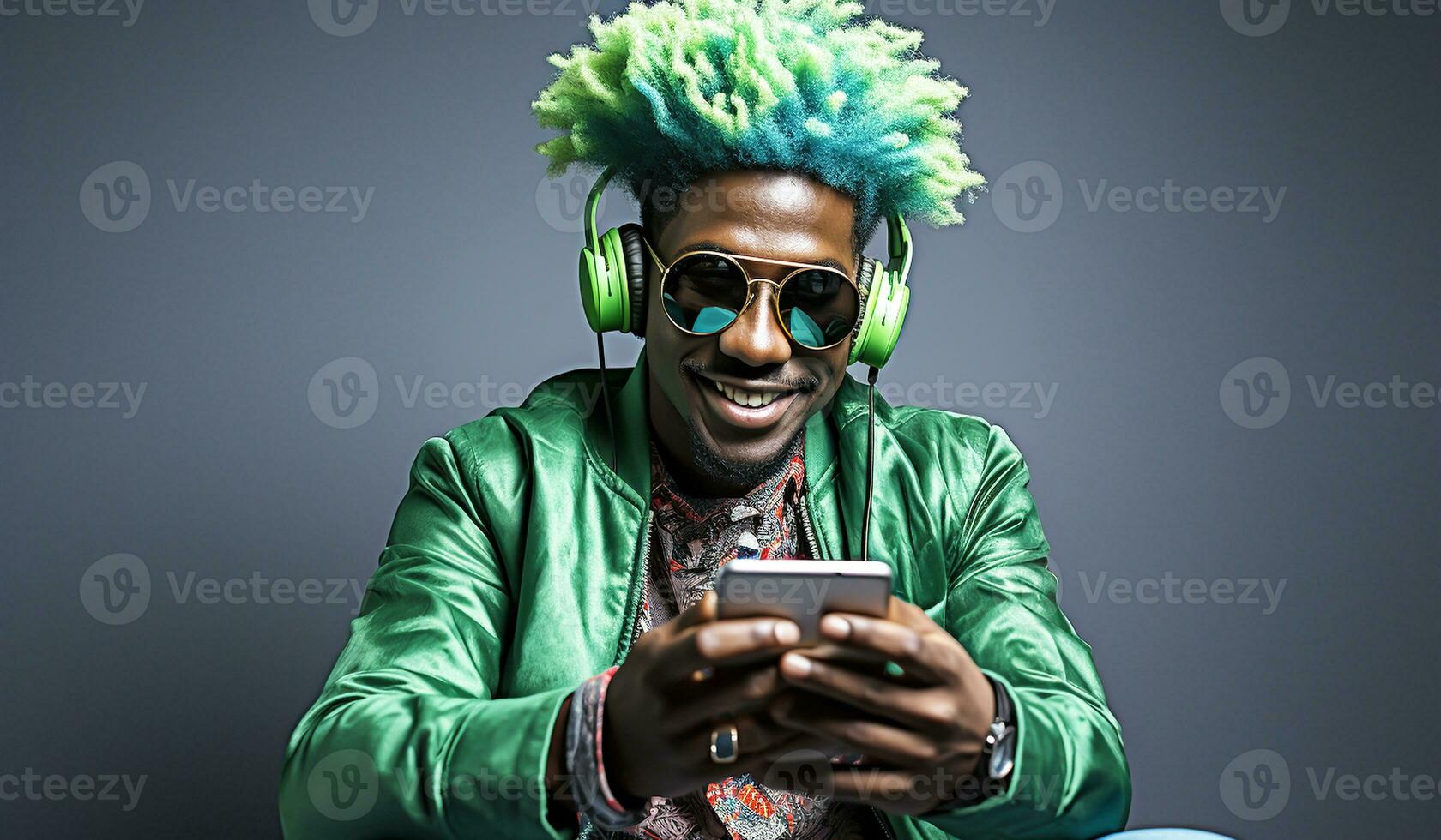 excéntrico hombres con grande afro pelo y auriculares. estilo de vida concepto. ai generado foto