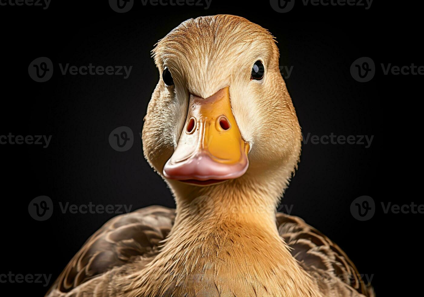 Realistic portrait of a duck isolated on dark background. AI generated photo