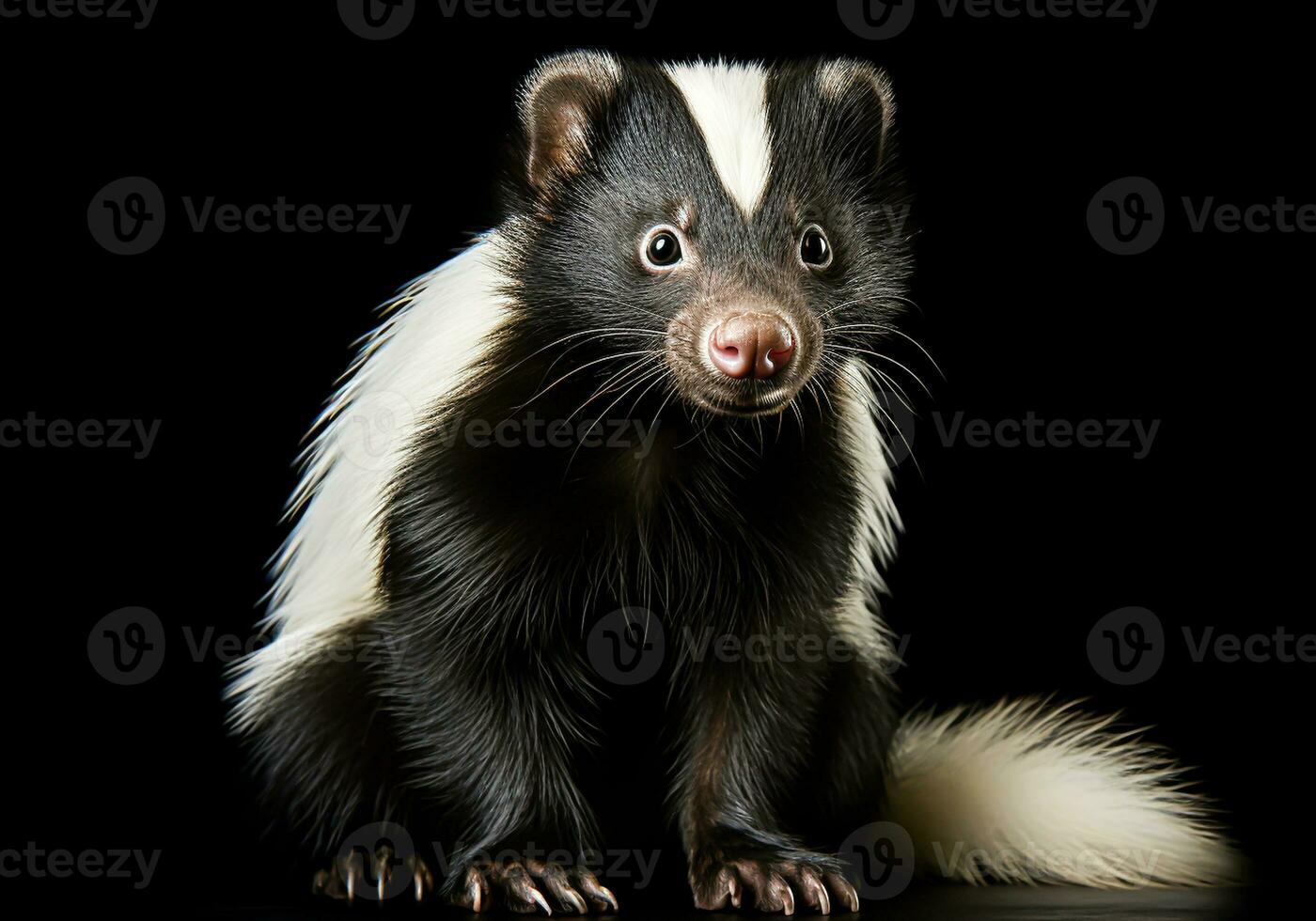 Realistic closeup portrait of a skunk on dark background. AI generated photo