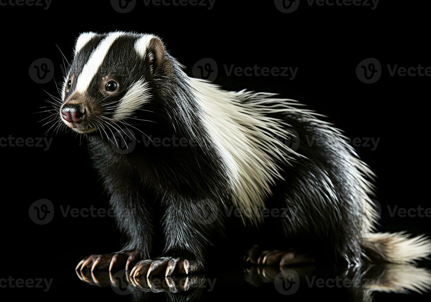 Realistic closeup portrait of a skunk on dark background. AI generated photo