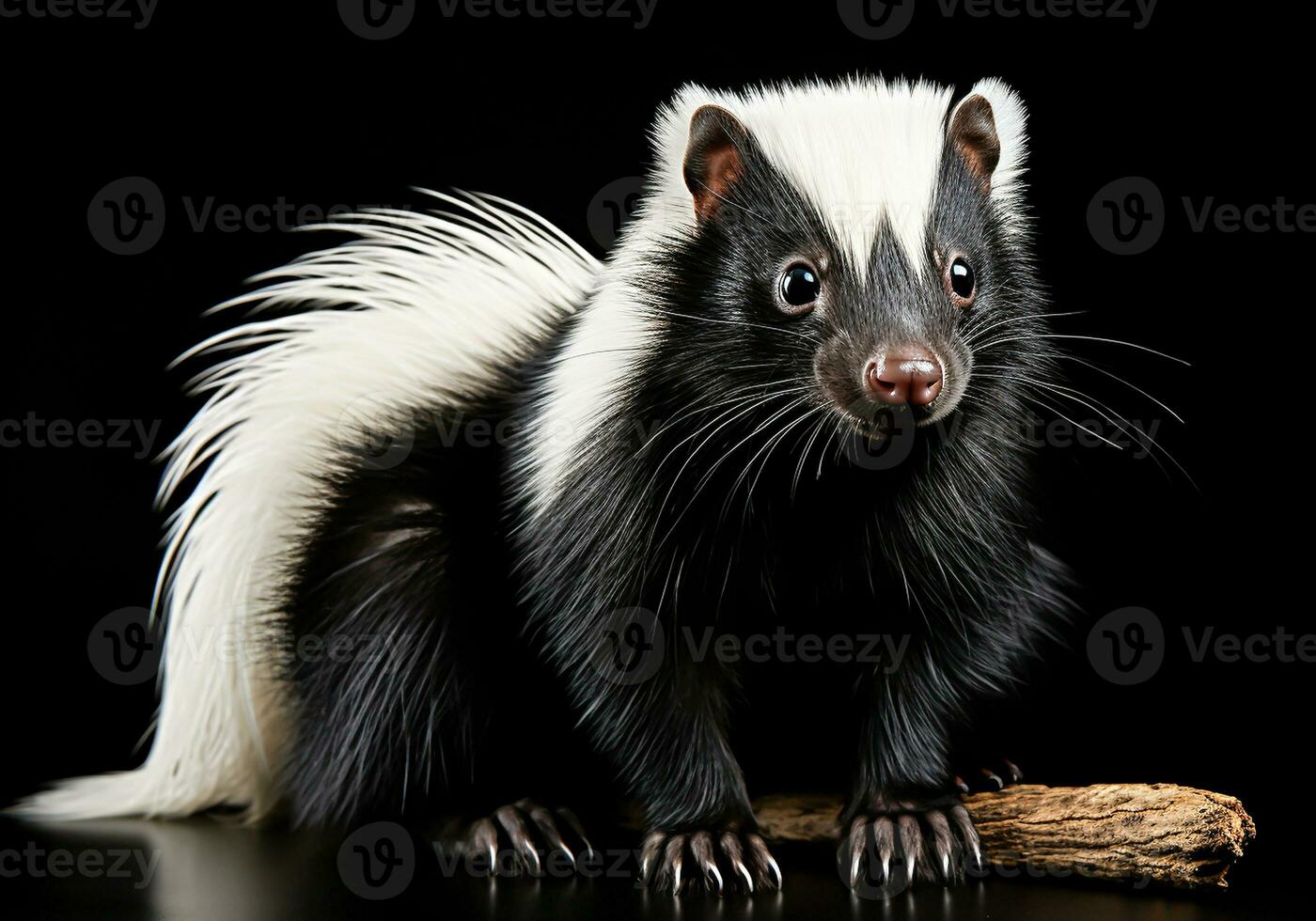 Realistic closeup portrait of a skunk on dark background. AI generated photo