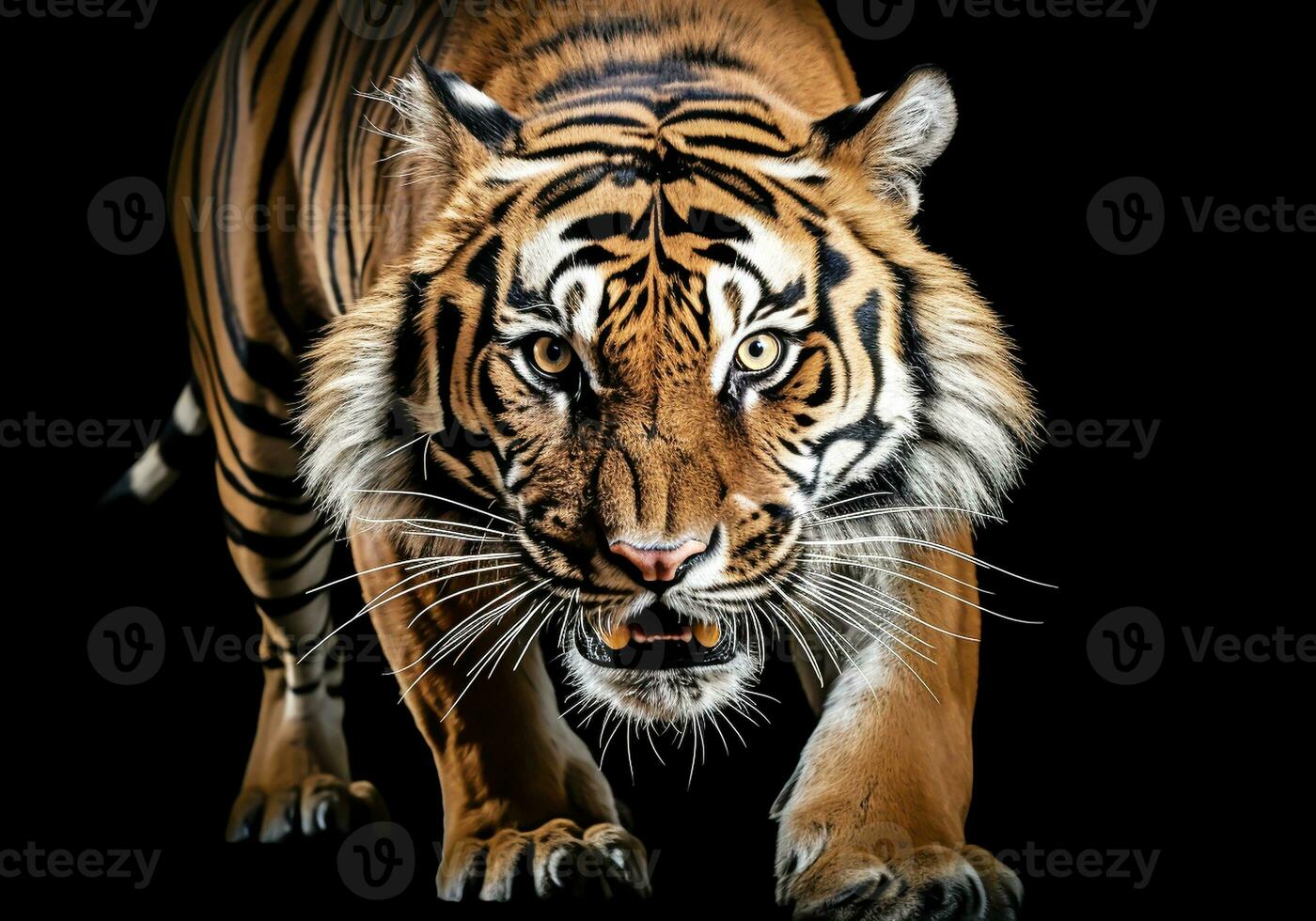 Realistic portrait of a tiger on dark background. AI generated photo