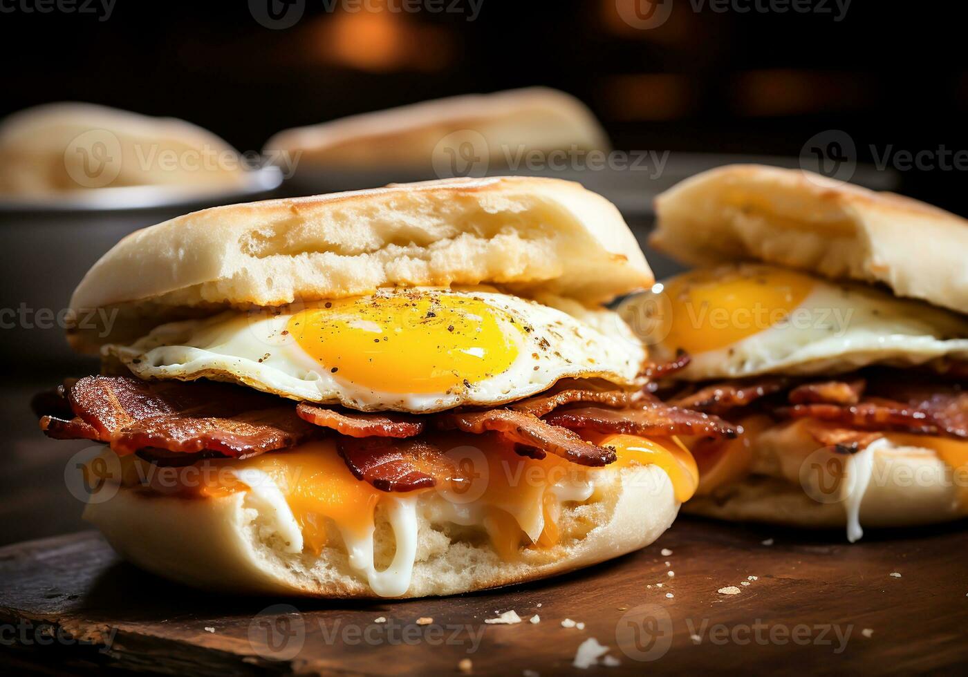 English muffin sandwich with crispy bacon, fried egg and melted cheese. AI generated photo