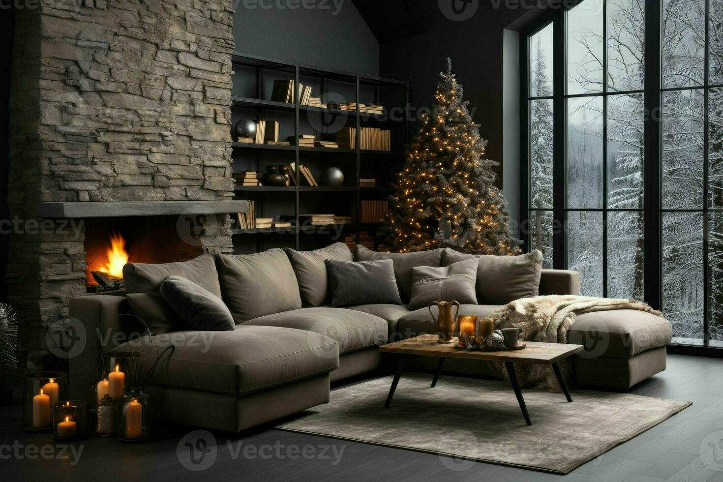 AI Generative, Stylish interior of living room with decorated Christmas tree, Luxury living room New Year photo