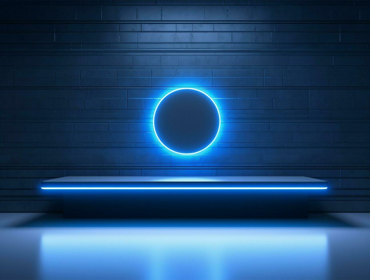 Empty blue neon light modern interior wall background front view Ai generated photo