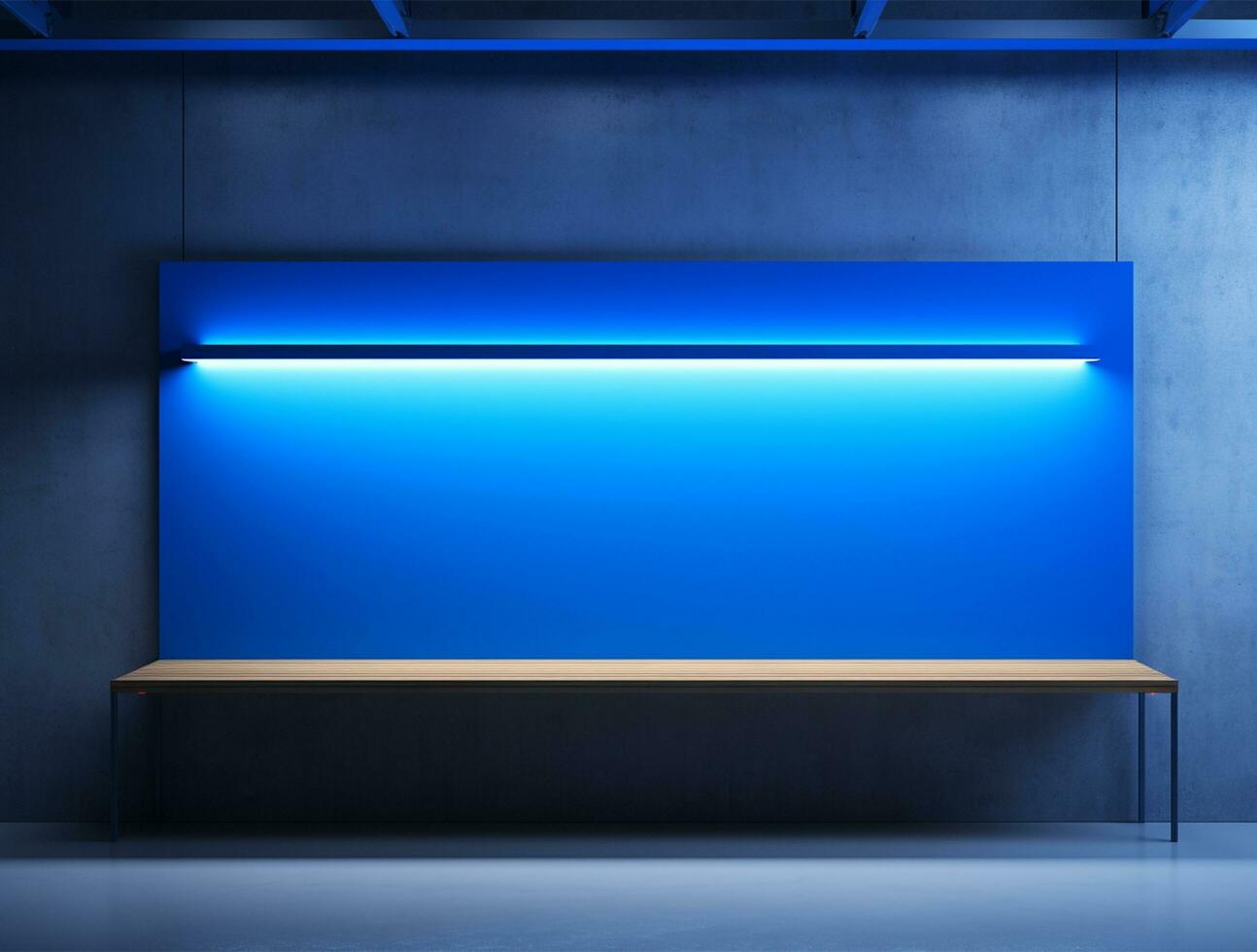 Empty blue neon light modern interior wall background front view Ai generated photo