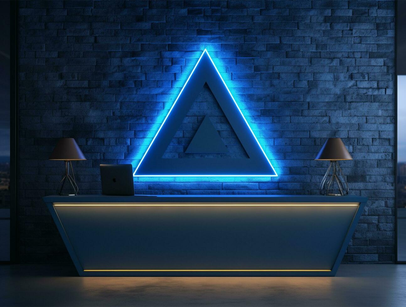 Empty blue neon light modern interior wall background front view Ai generated photo