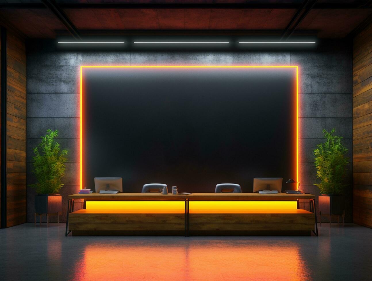 Empty blue neon light modern interior wall background front view Ai generated photo