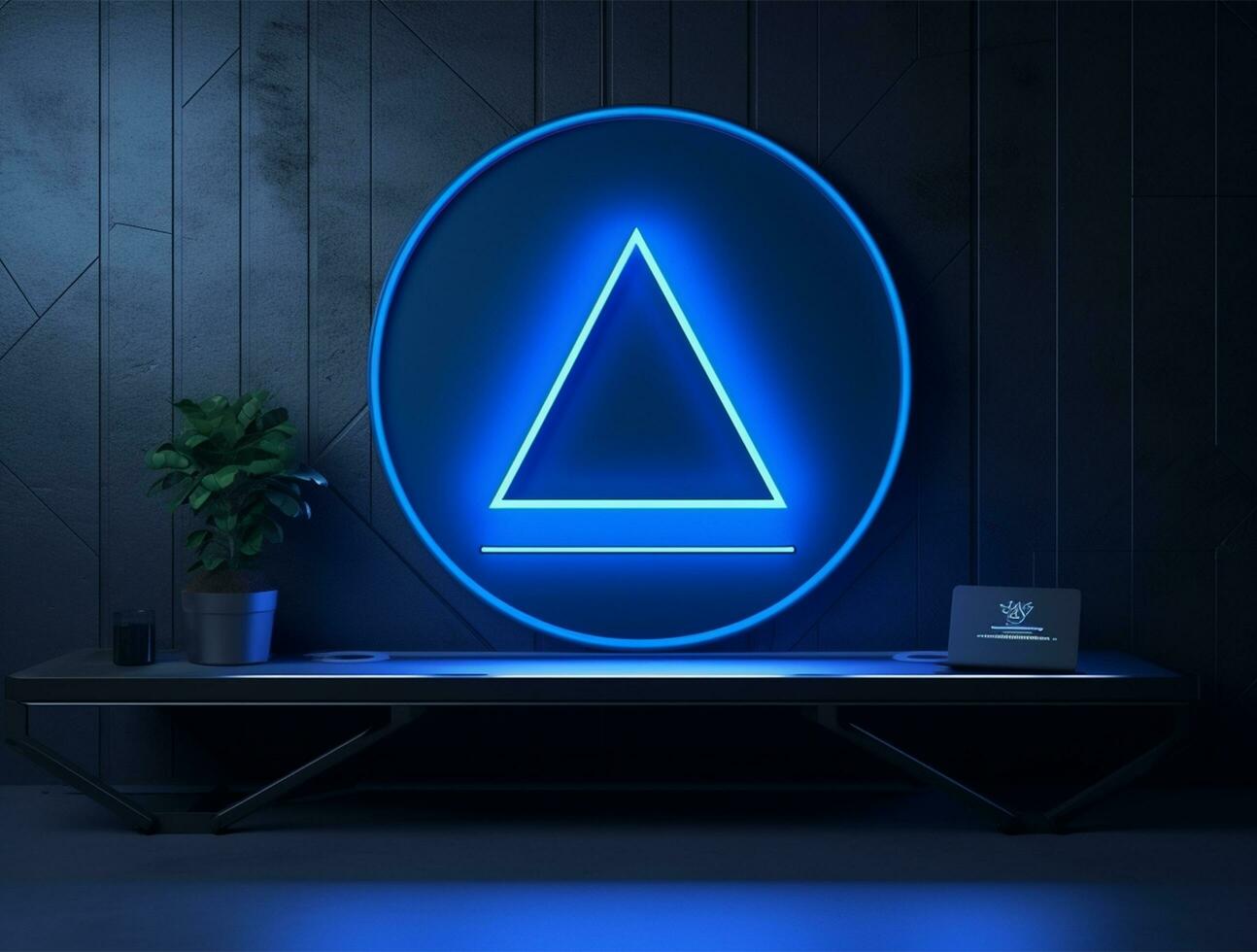 Empty blue neon light modern interior wall background front view Ai generated photo
