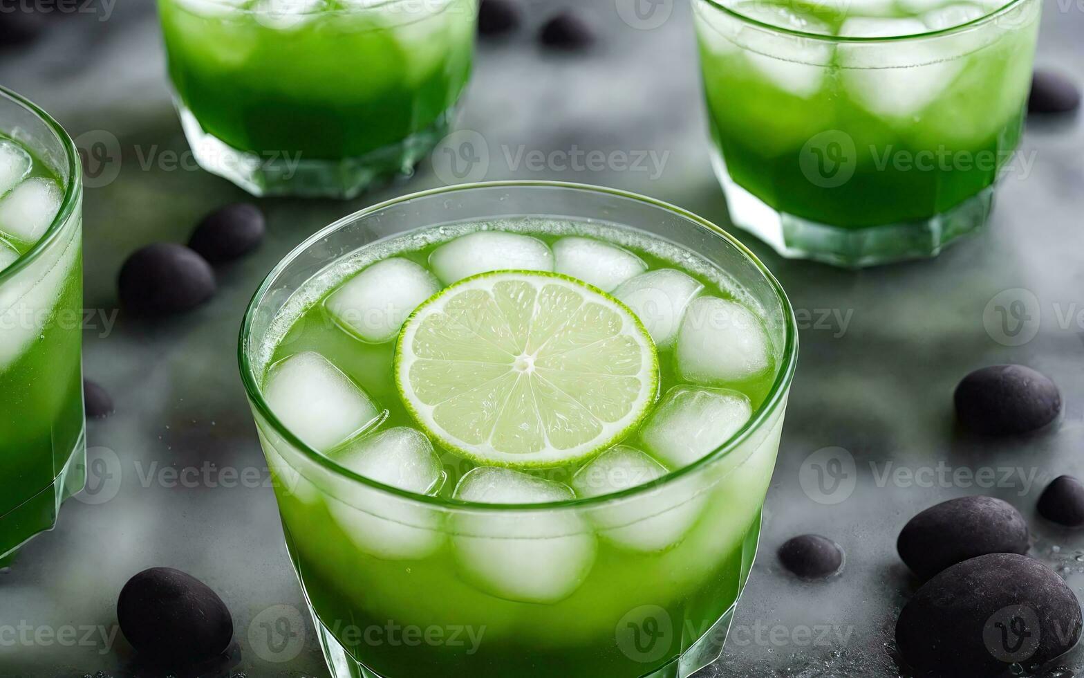 Refreshing summer drink with ice and lime. Generative AI. photo