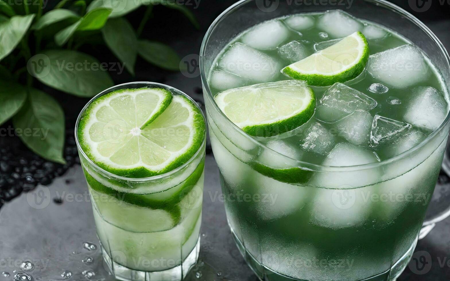 Refreshing summer drink with ice and lime. Generative AI. photo
