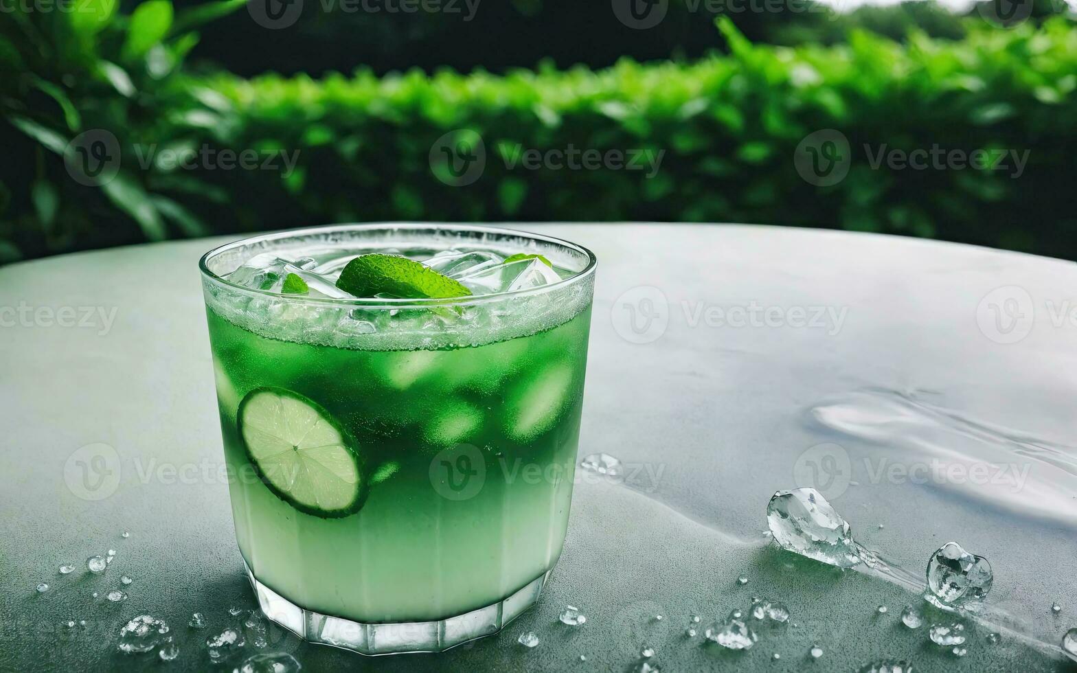 Refreshing summer drink with ice and lime. Generative AI. photo
