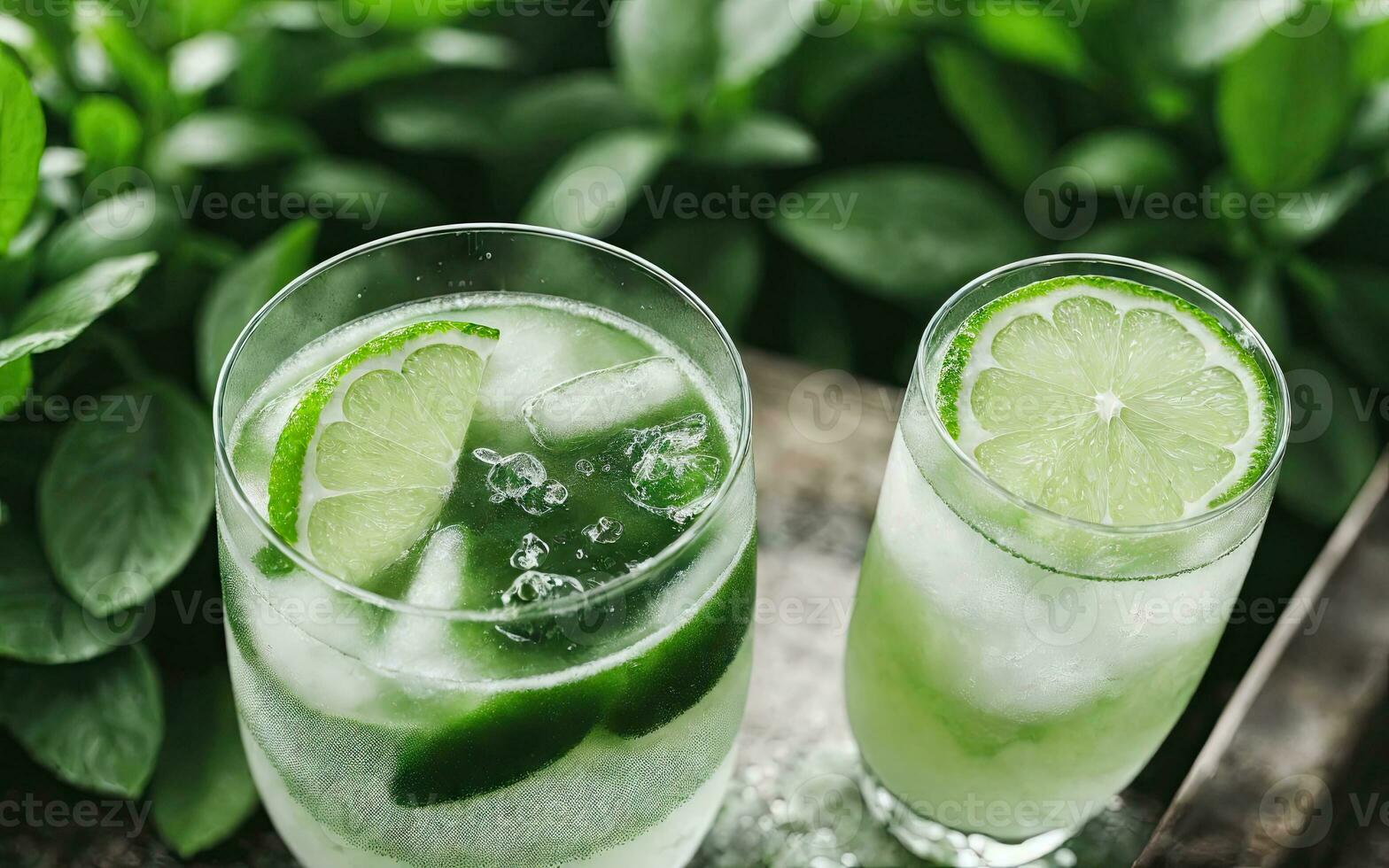 Refreshing summer drink with ice and lime. Generative AI. photo