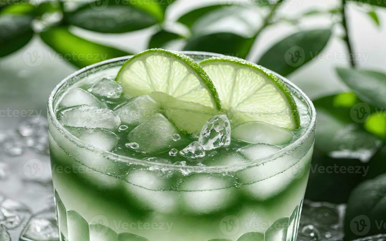 Refreshing summer drink with ice and lime. Generative AI. photo