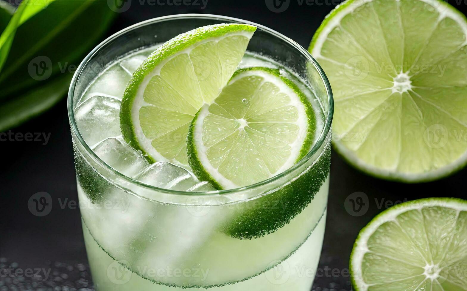 Refreshing summer drink with ice and lime. Generative AI. photo