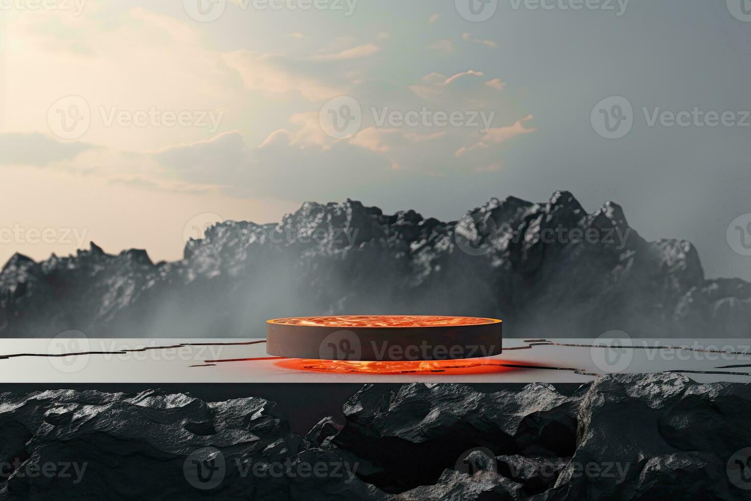 a round stone podium on top of a cliff with neon lighting or hot lava inside. minimalist design with white steam or smoke to display fashion products photo