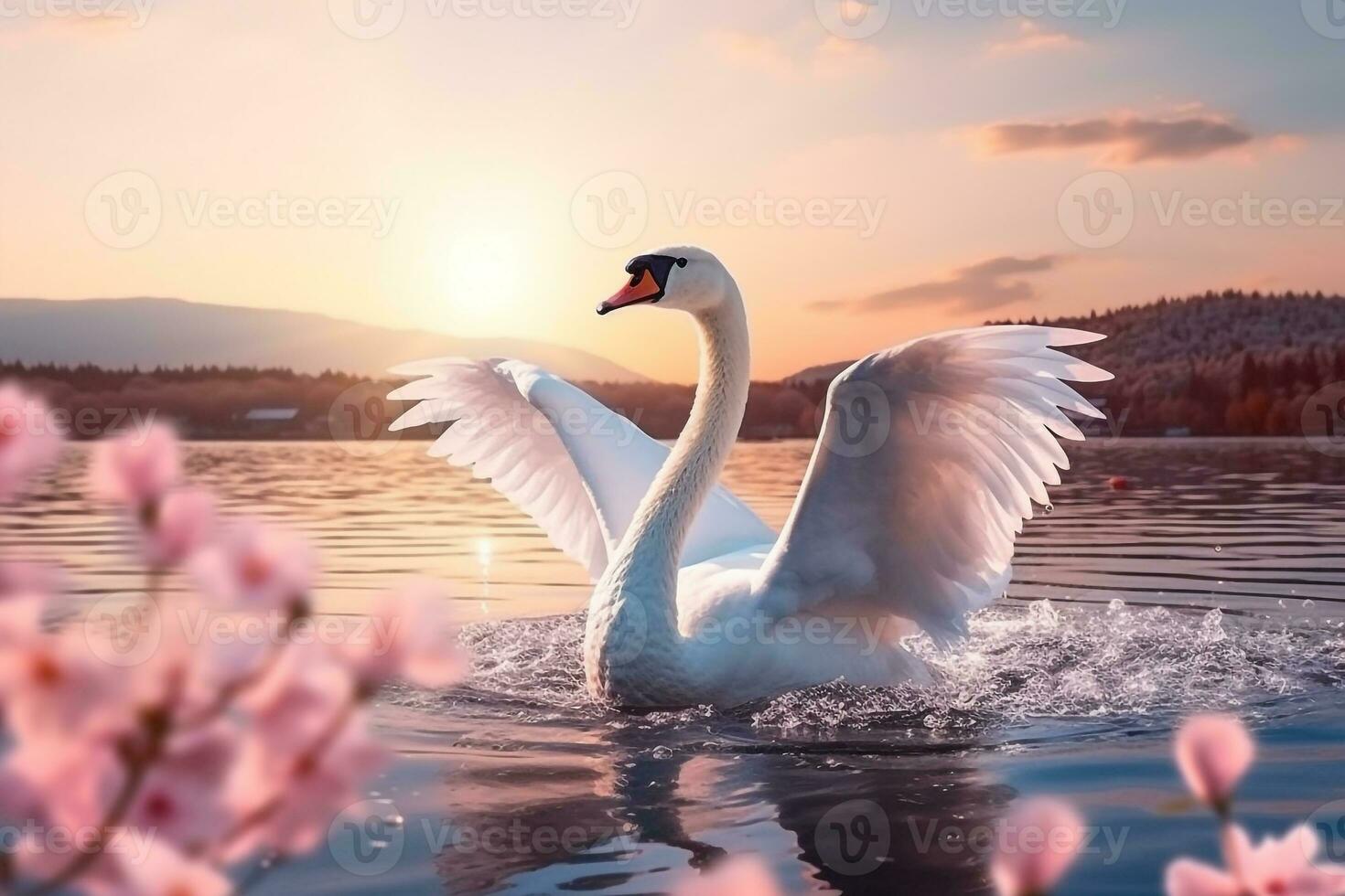 Swan spreading wings in the river with fuji mountain background.Generative Ai. photo