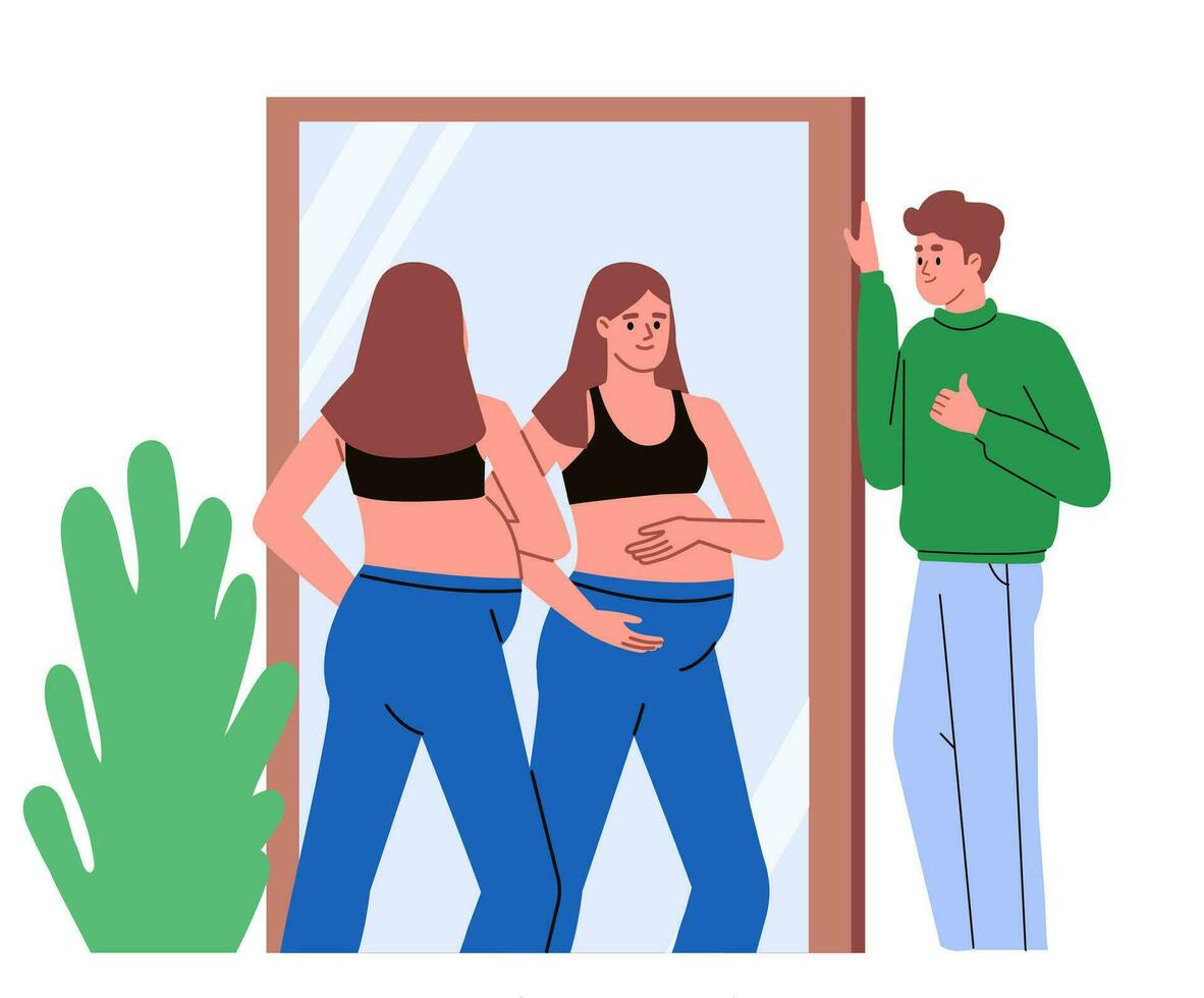Pregnant girl looking in the mirror at her tummy.  Future father likes her body. Third trimester. Pregnancy.  Body positive. Flat vector illustration.