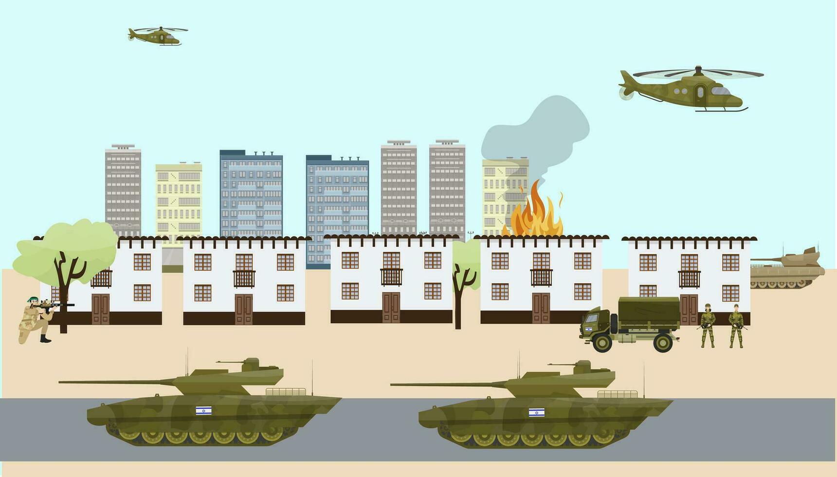 israelí tropas en gaza. israelí - palestino conflicto. guerra en medio este. tanques ataque el ciudad. soldados en contra terroristas vector