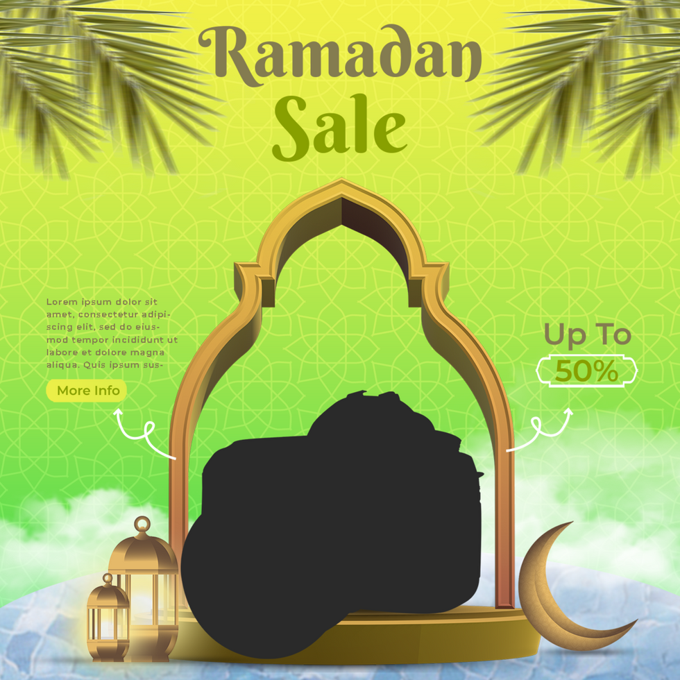 Design promotions and product discounts during Ramadan with frames and 3D lanterns, yellow to orange themes, suitable for posts or others psd