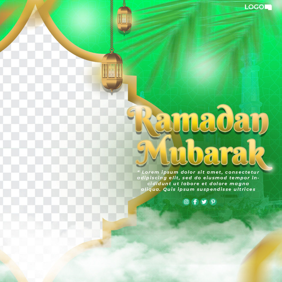 Twibbon islamic design greeting poster ramadhan mubarak with 3D lanterns and green theme suitable for posts or others psd