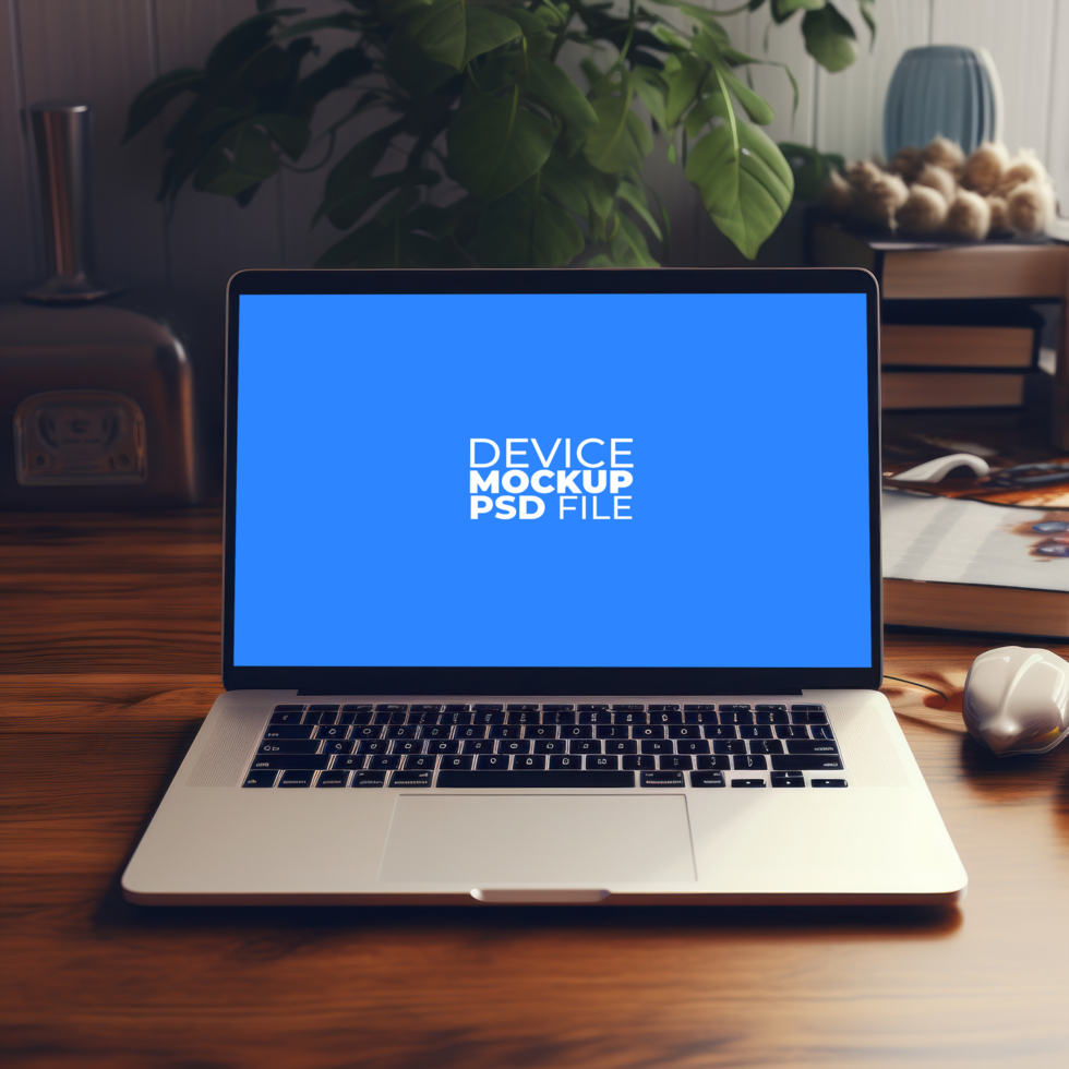 laptop mockup on table AI Generative psd