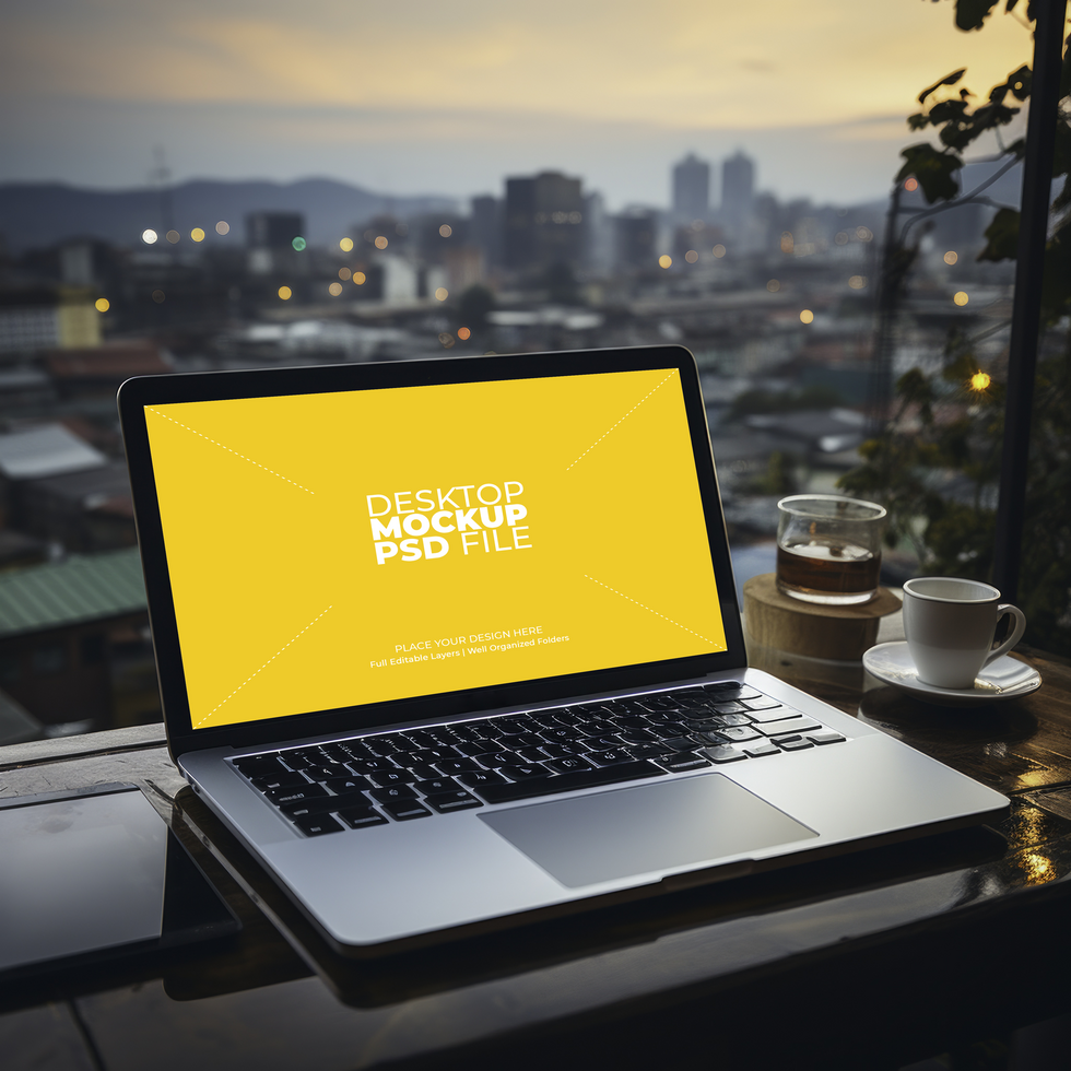Laptop mockup with city view AI Generative psd