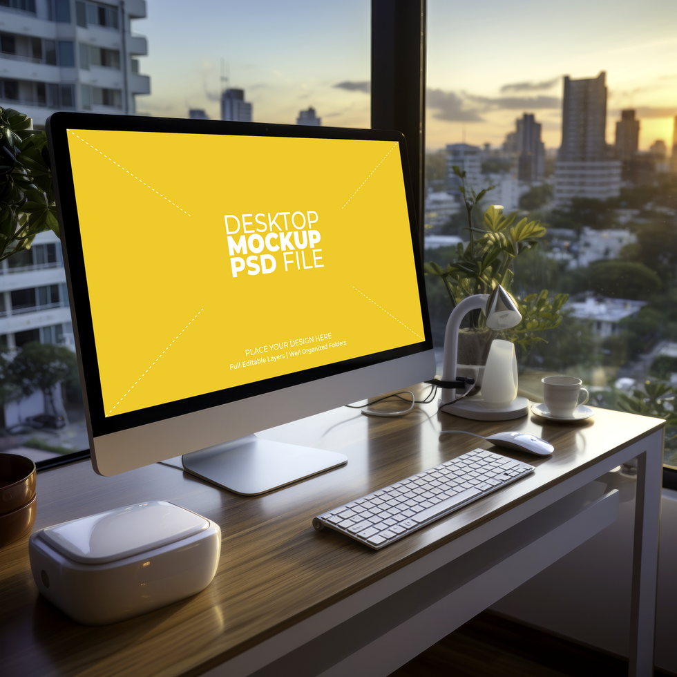 Desktop computer mockup with city view AI Generative psd