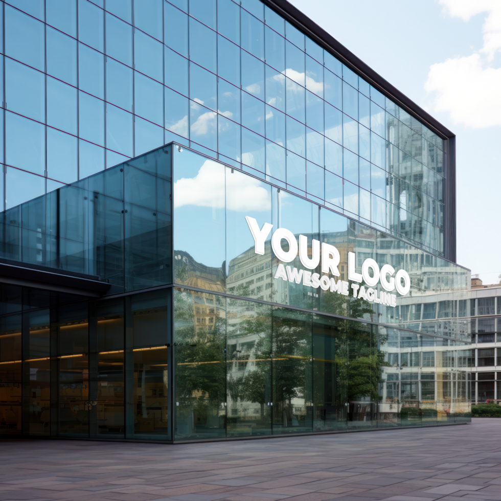 a large glass building with a large logo on it AI Generative psd