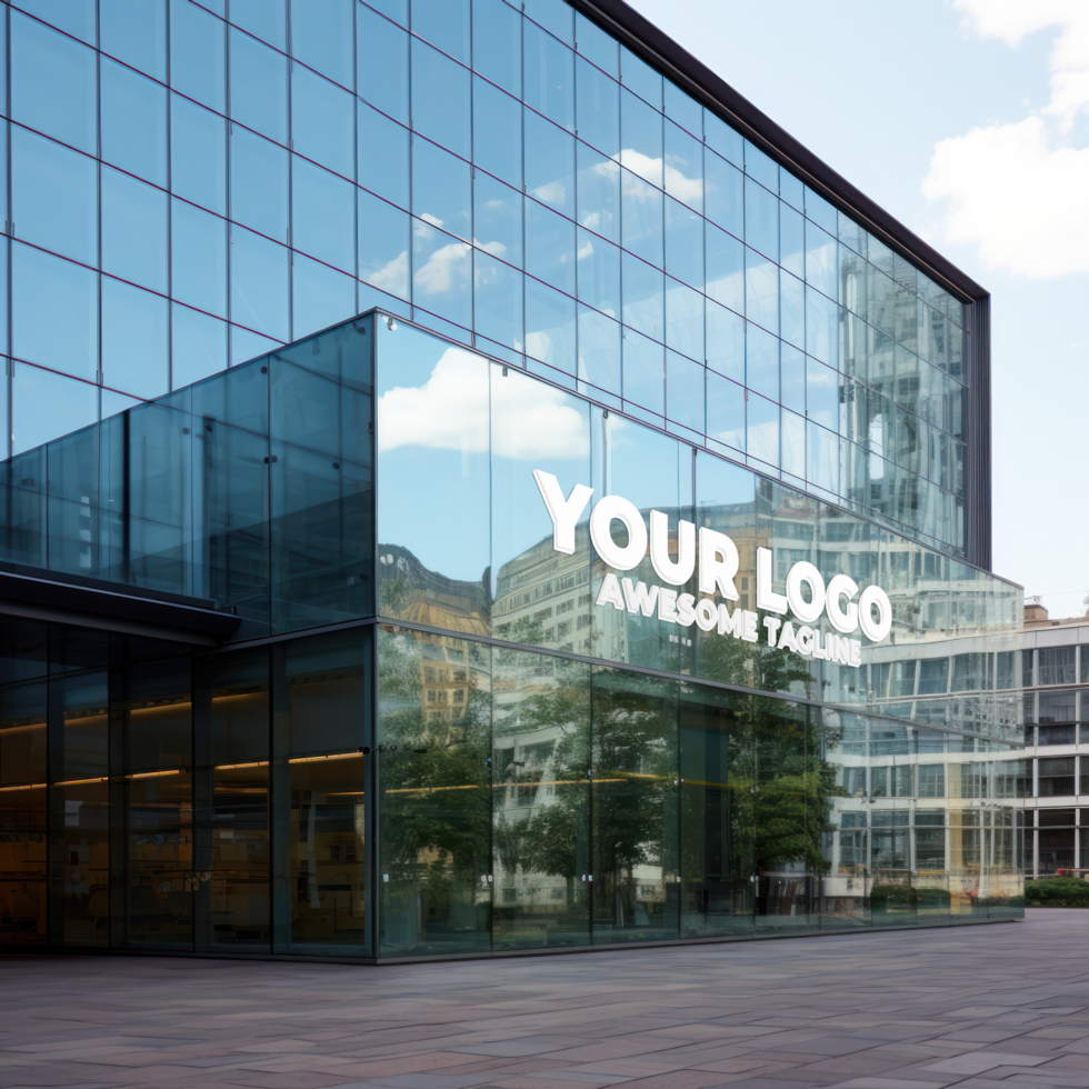 een groot glas gebouw met een groot logo Aan het ai generatief psd