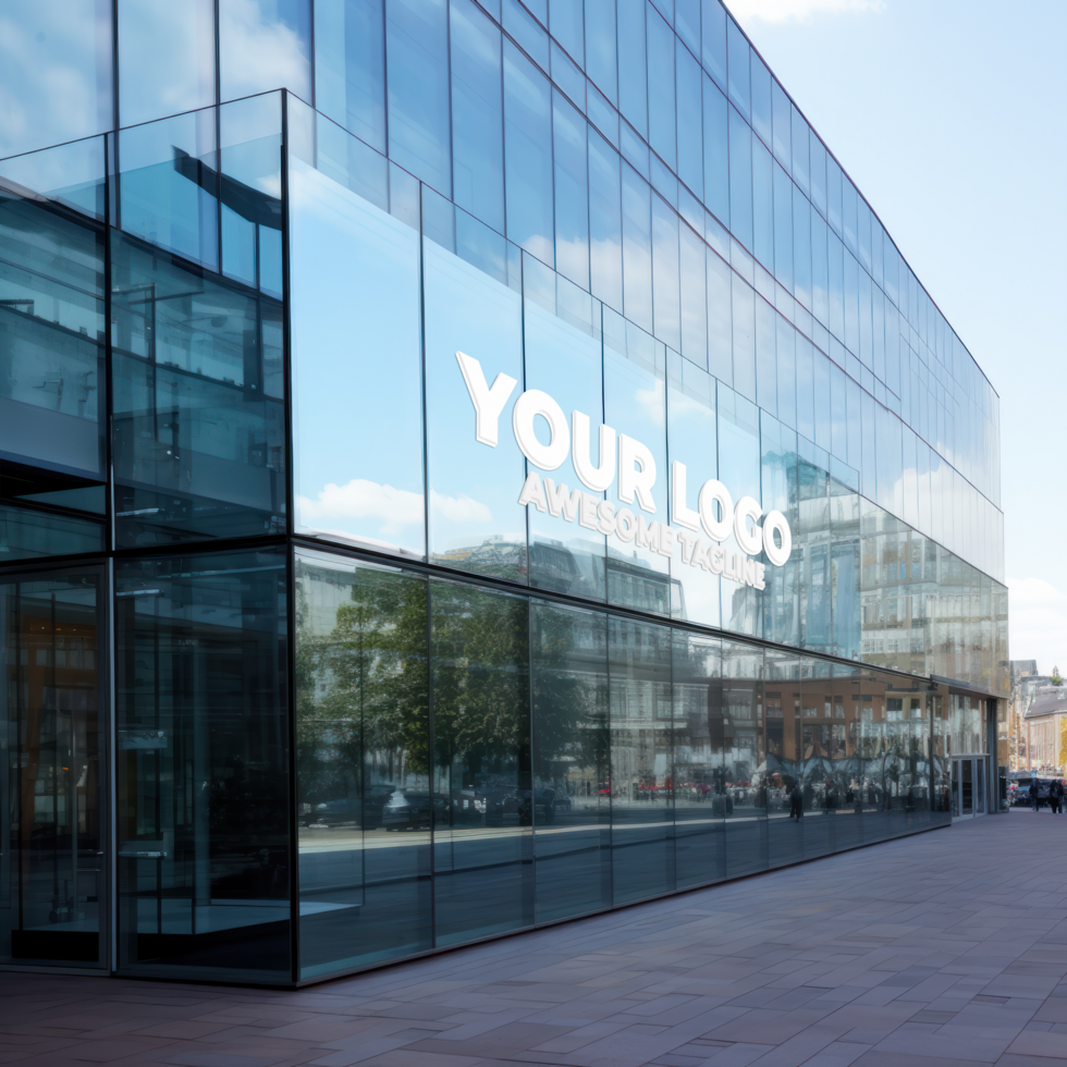a large glass building with a large logo on it AI Generative psd