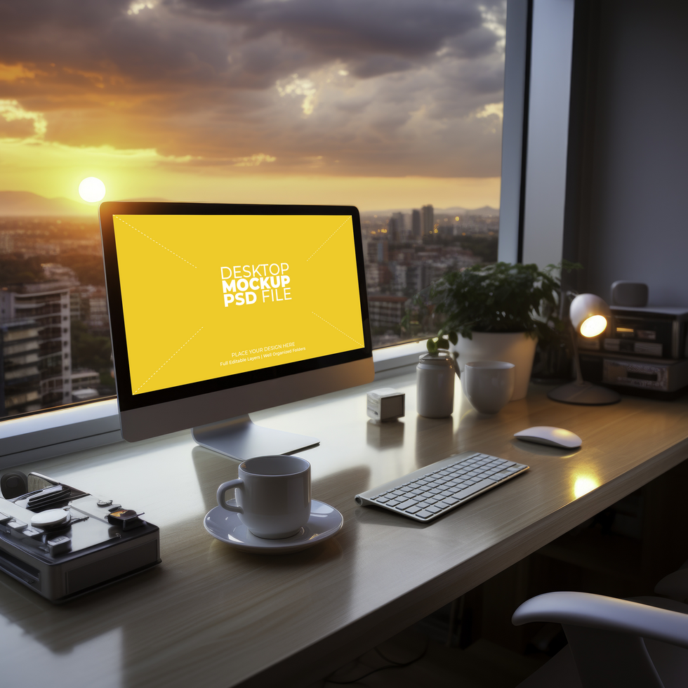 Desktop Computer Attrappe, Lehrmodell, Simulation mit Stadt Aussicht ai generativ psd