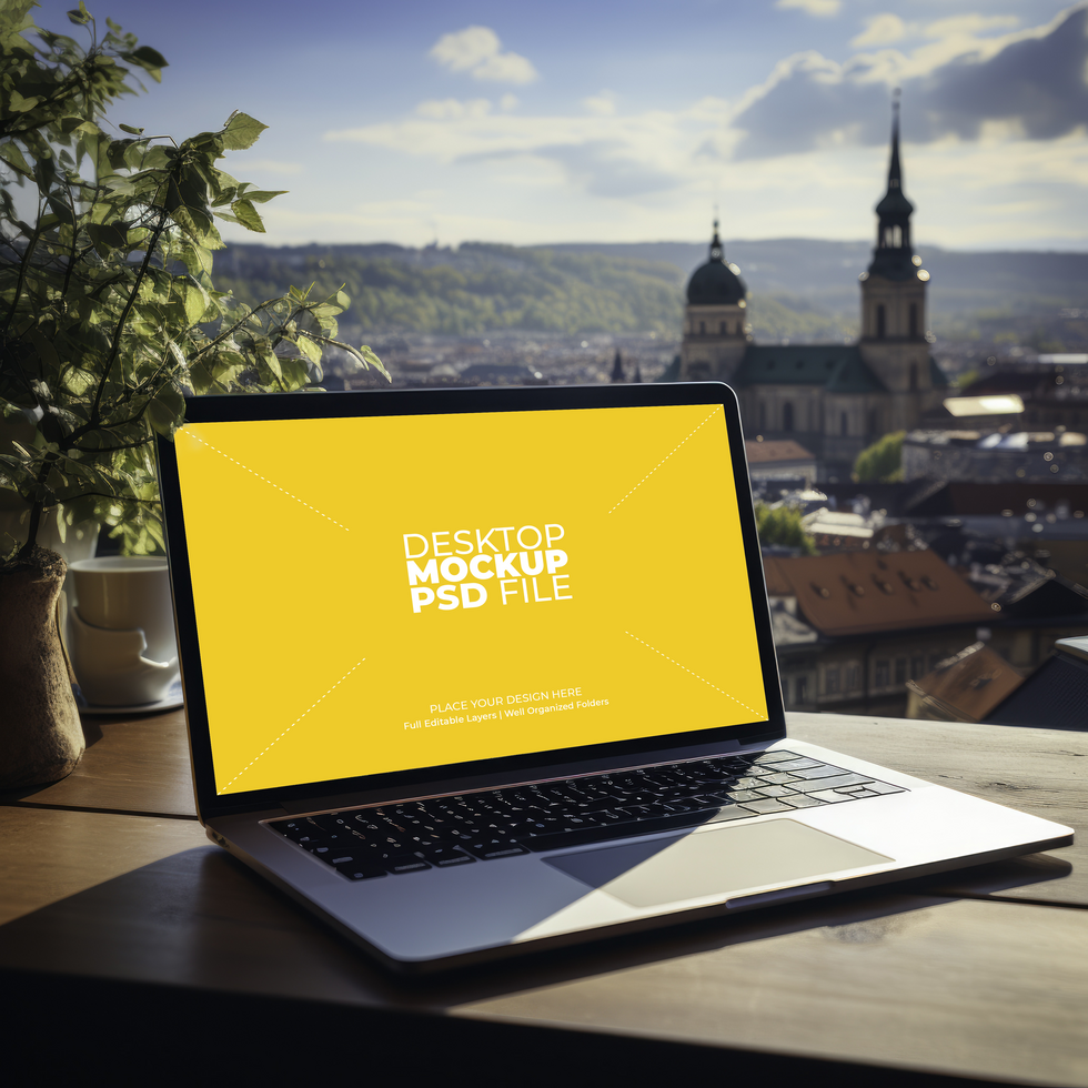 Laptop mockup with city view AI Generative psd