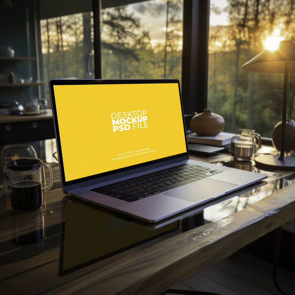 Laptop mockup with city view AI Generative psd