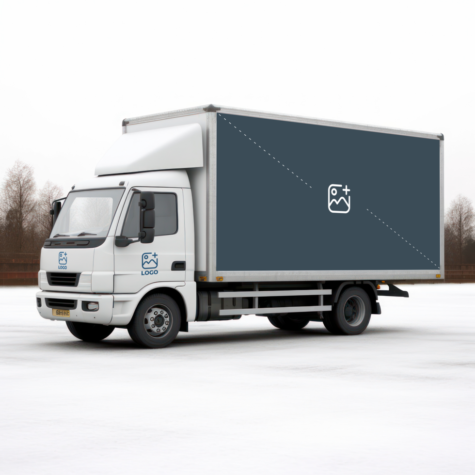 a white truck driving down the road with a black box on the back AI Generative psd