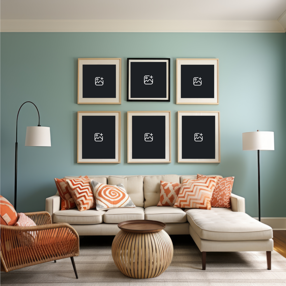 a living room with photo frame mockup AI Generative psd