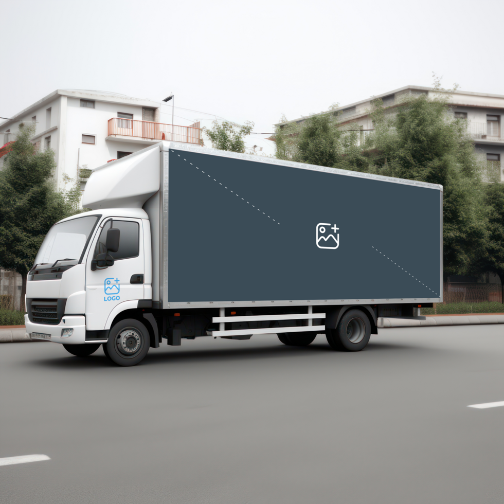 a white truck driving down the road with a black box on the back AI Generative psd