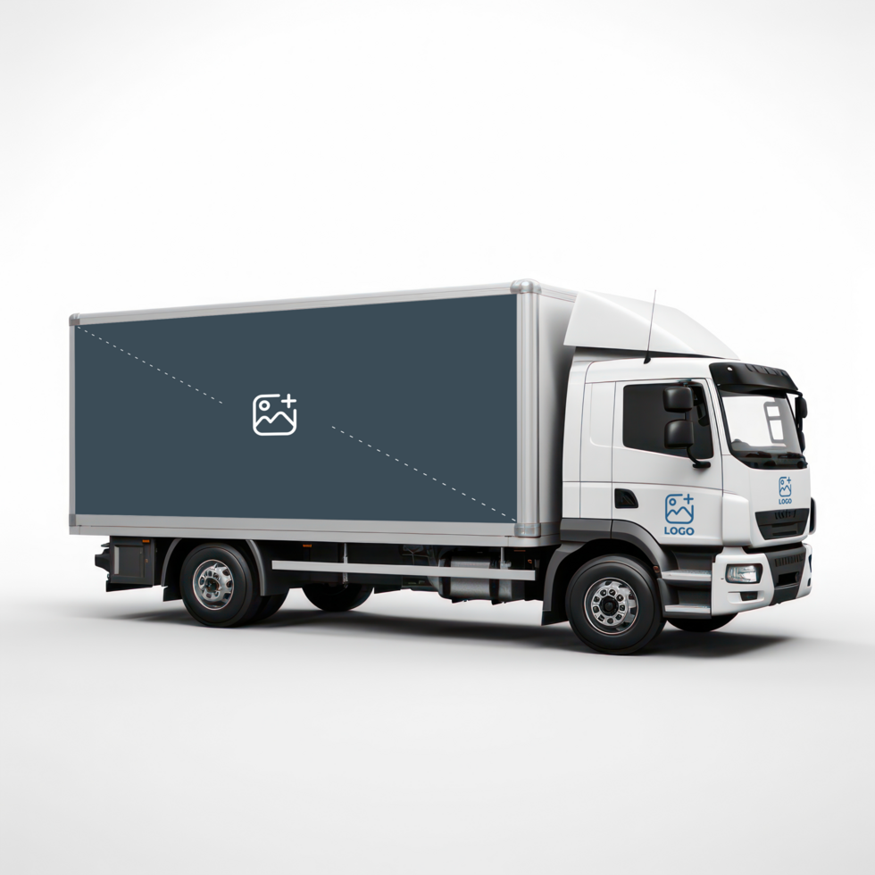 a white truck driving down the road with a black box on the back AI Generative psd