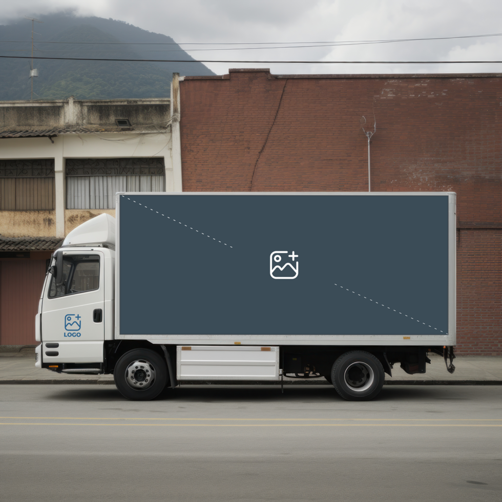 a white truck driving down the road with a black box on the back AI Generative psd