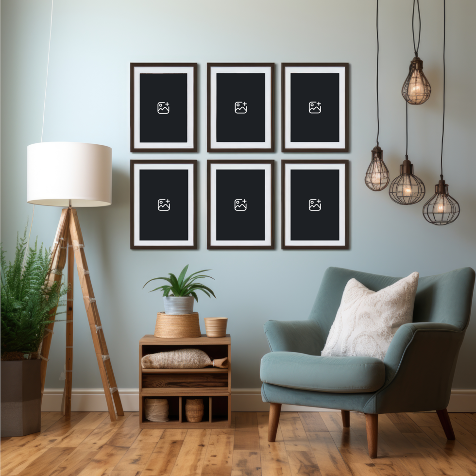 a living room with photo frame mockup AI Generative psd