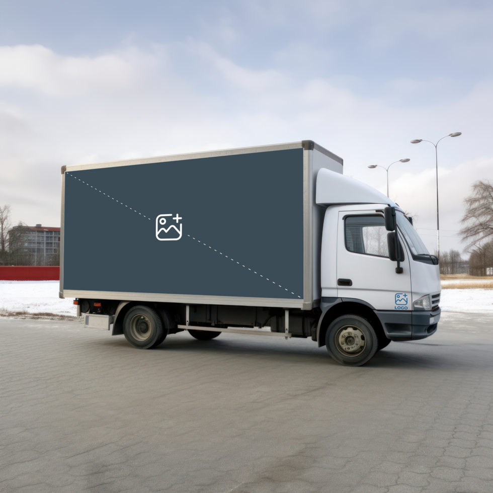 a white truck driving down the road with a black box on the back AI Generative psd