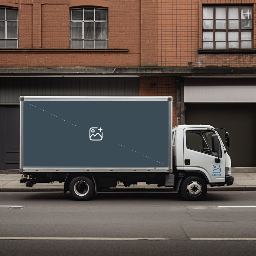 a white truck driving down the road with a black box on the back AI Generative psd