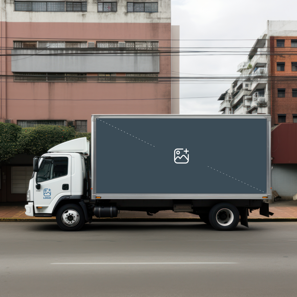 a white truck driving down the road with a black box on the back AI Generative psd