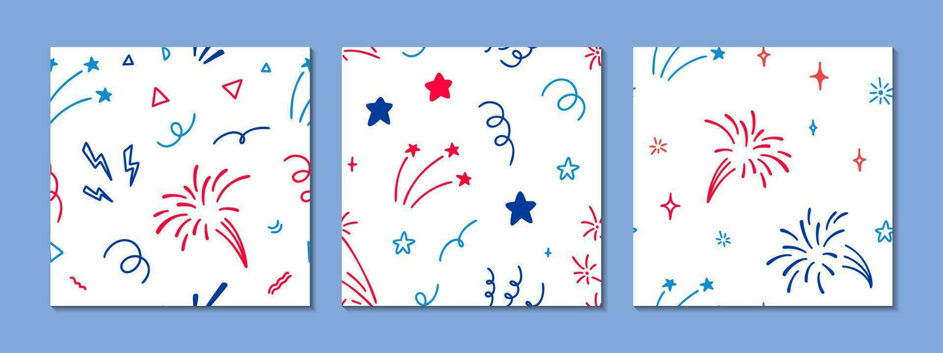 Set of 4th of July USA Independence Day doodle seamless patterns. America flag blue, red and white colors. 14th of July Happy National day of France firework desig vector