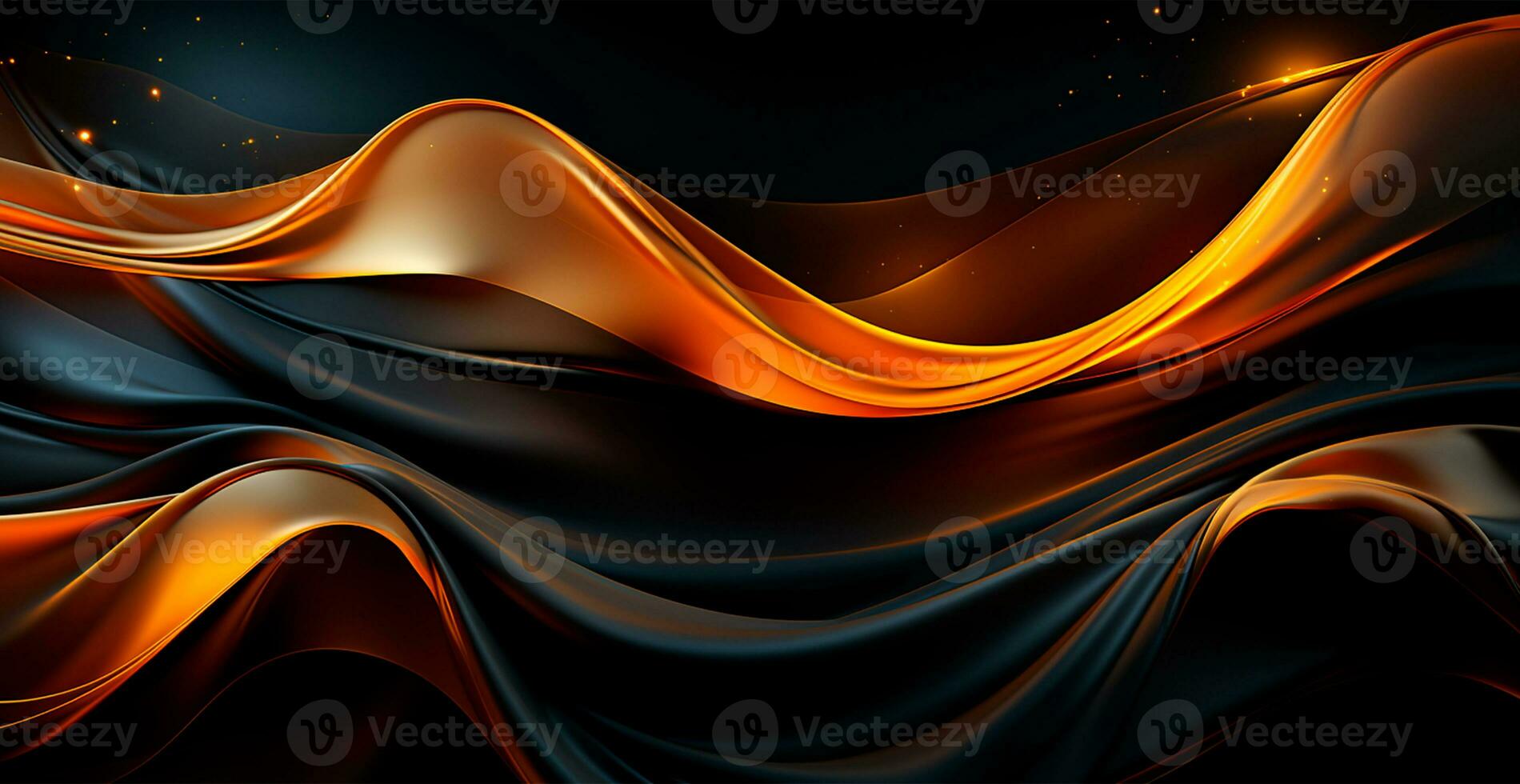 Abstract black background, wavy lines golden glow - AI generated image photo