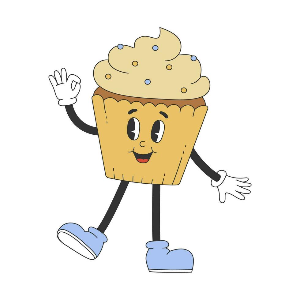 Groovy hippie cupcake with whipped cream. Cartoon character in trendy retro style. vector