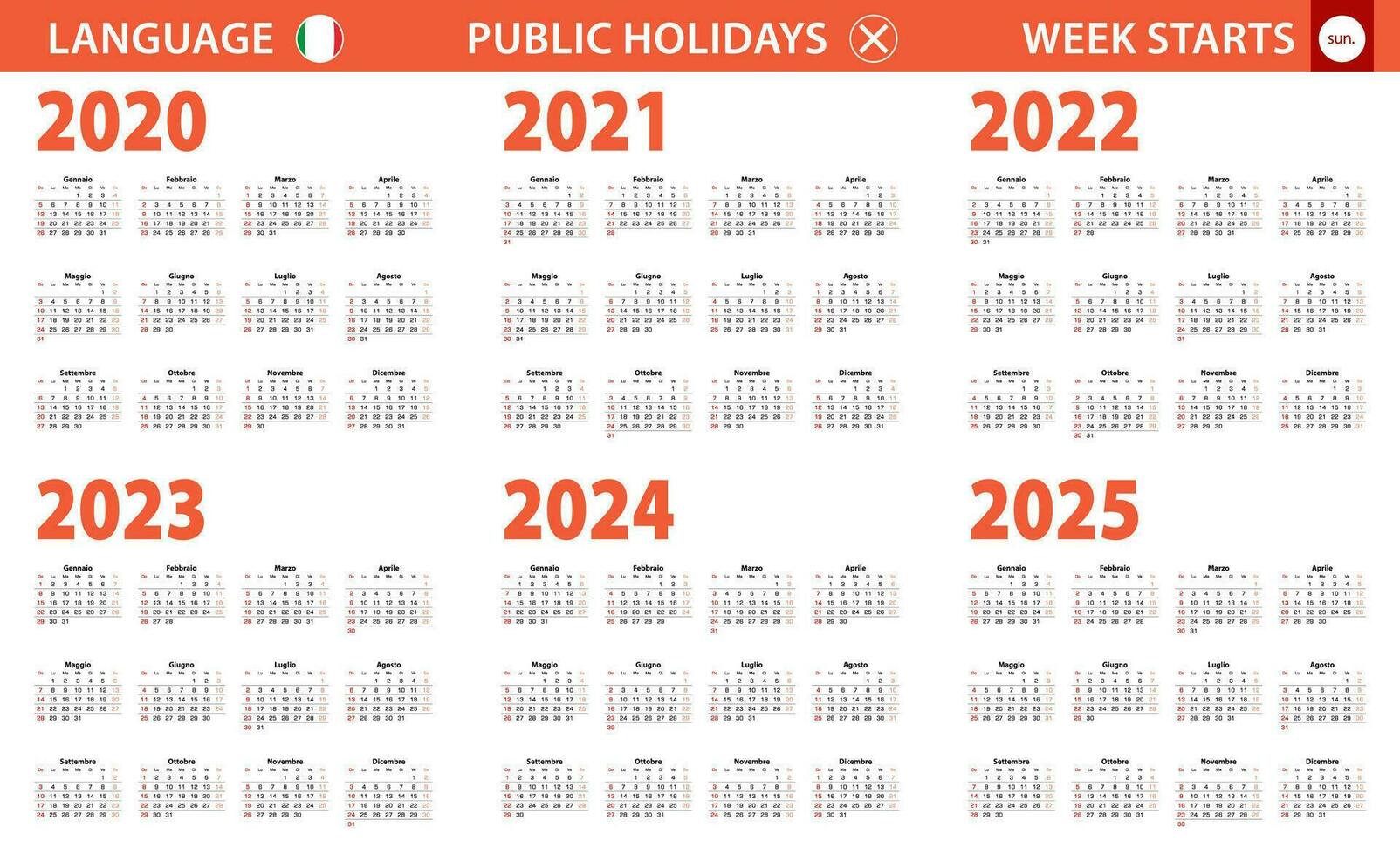 2020-2025 year calendar in Italian language, week starts from Sunday. vector