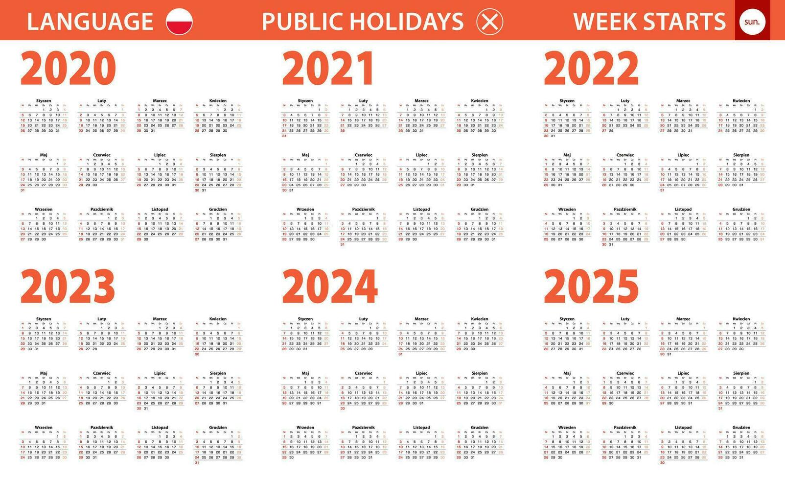 2020-2025 year calendar in Polish language, week starts from Sunday. vector